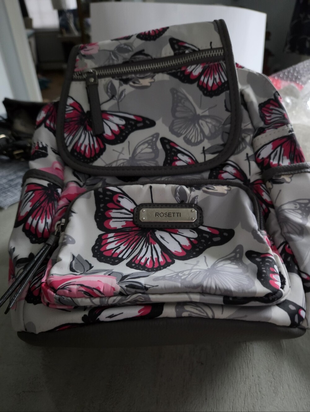 Rosetti Gray Backpack with Pink Butterfly Print 11in H X 9 In W